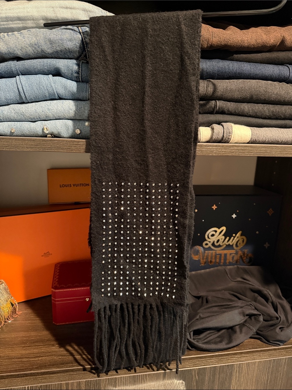 Burberry Black Studded Fringe Scarf